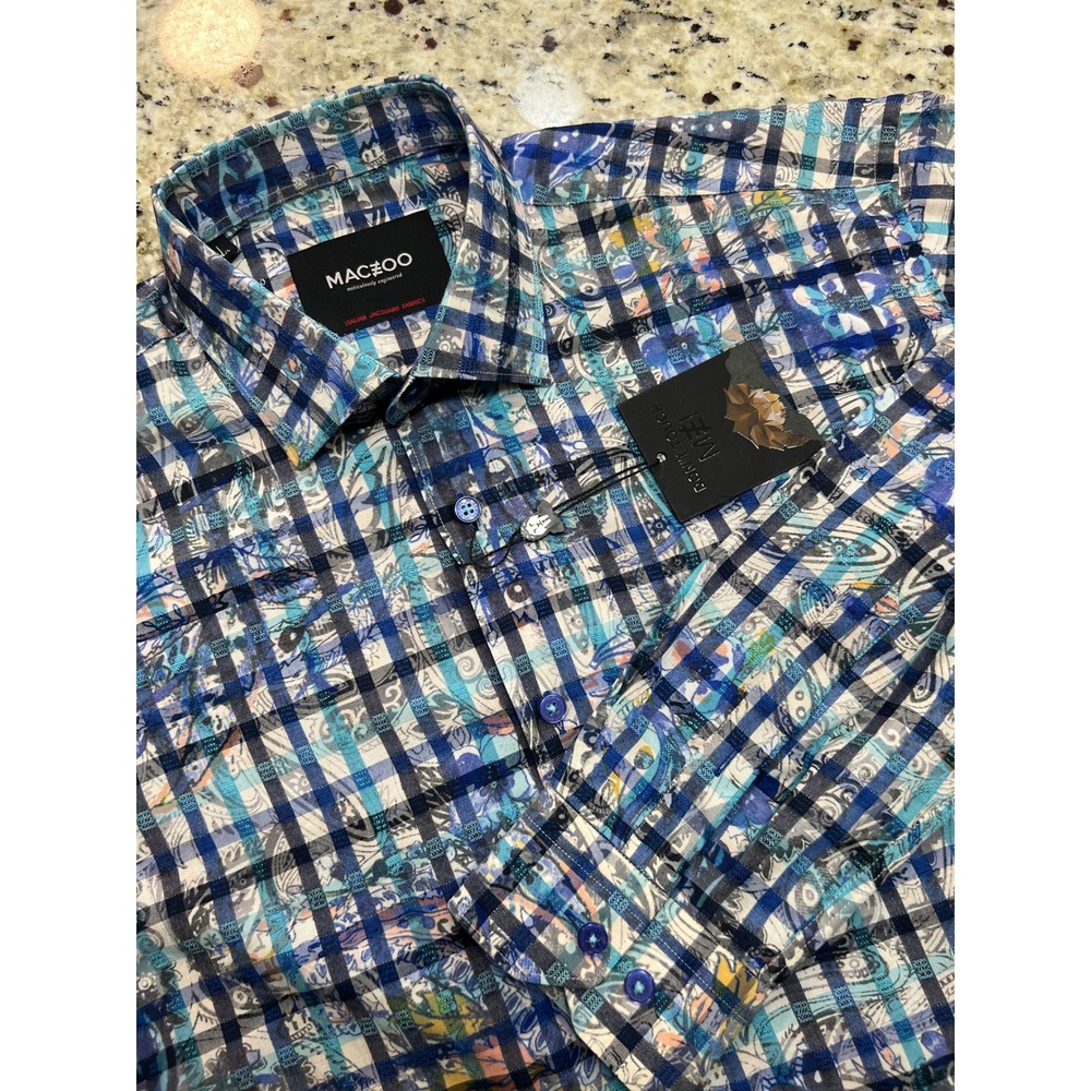 Maczoo Mens Blue White Check Paisley Italian Jacquard Long Sleeve Shirt Size 4/L